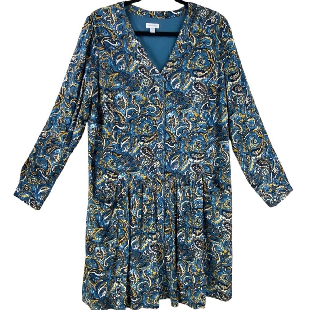 Garnet Hill Boho Paisley Long Sleeve Drop Waist Dress Size 10 Blue